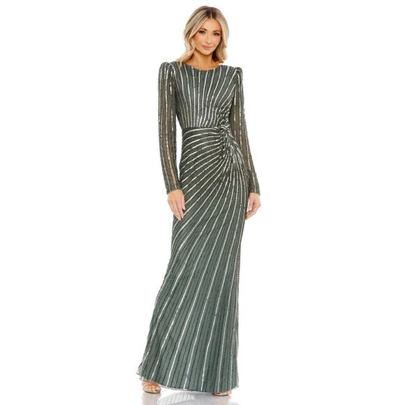 Mac Duggal Embellished Puff Sleeve Side Knot Gown Slate Gray 16 - Picture 1 of 6